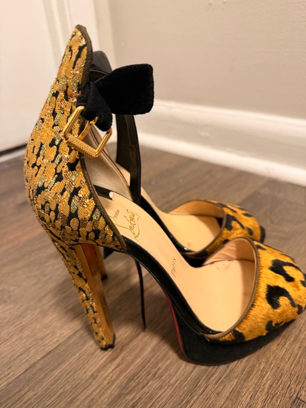 Christian Louboutin Gold and Black Leopard-Print High Heels - Picture 9 of 9